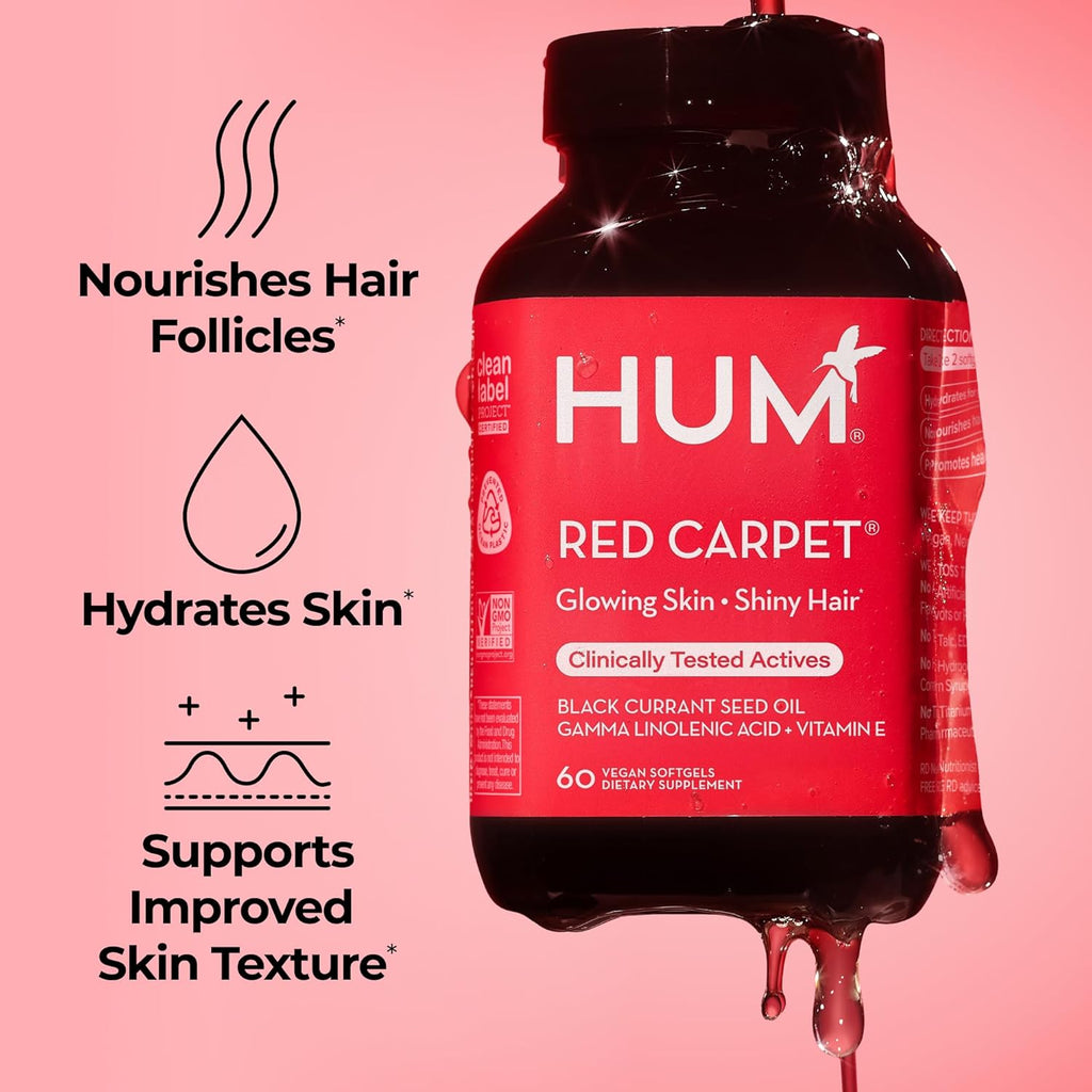 HUM Red Carpet - Skin & Hair Supplement - Black Currant Seed Oil for Glowing Skin & Strong Thicker Hair with Vitamin E & Omegas 3/6 - Hair Growth Vitamins for Women (60-Count)