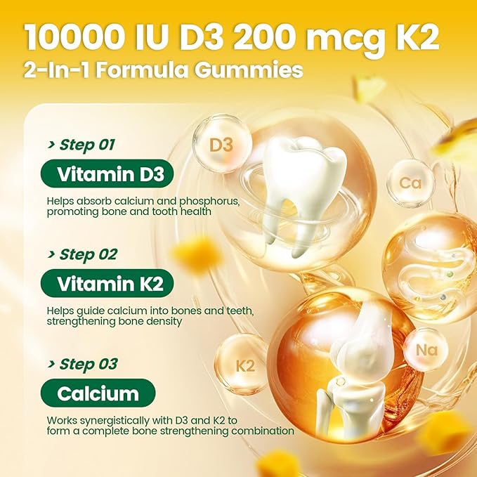 Vitamin D3 K2 Gummies, D3 10000 IU & MK7-200 mcg, 2 in 1 Vitamins D & K Complex | Vitamina D3 con K2 | Supports Calcium Absorption, Bone, Immune, & Heart Health, Easy to Carry and use (180 Gummies)