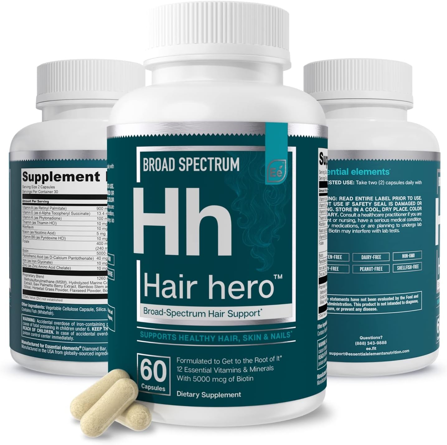 Essential Elements® Hair Hero™ - Hair Vitamins for Men - Broad-Spectrum Support with 5000 mcg Biotin - 60 Count - 30 Servings
