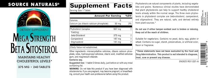 Source Naturals Mega Strength Beta Sitosterol, Plant Sourced, 375mg - 240 Tablets