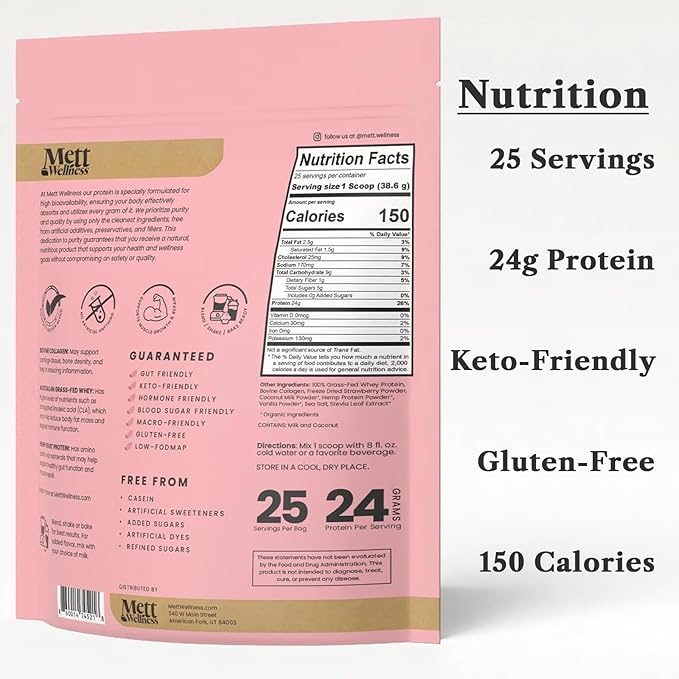 Strawberries & Cream Grass-Fed Whey + Hemp Heart Protein Powder with Bovine Collagen | 24g Protein per Serving | Supports Digestion & Daily Wellness | 1.5 lbs (25 Servings)