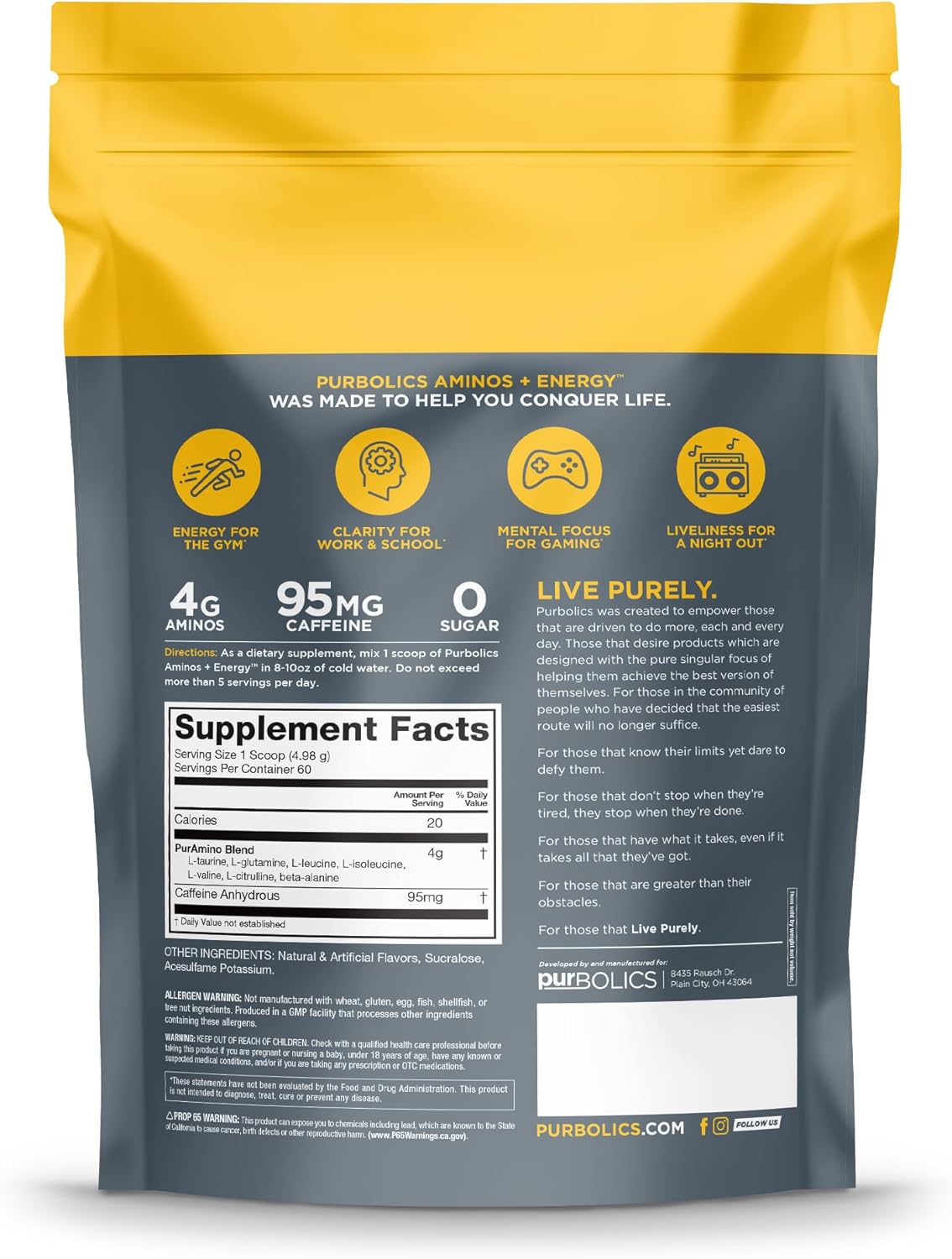 Purbolics Aminos + Energy | Supports Recovery, Energy & Focus | 95mg of Caffeine, 0 Sugar & 60 Servings (Punch Out)