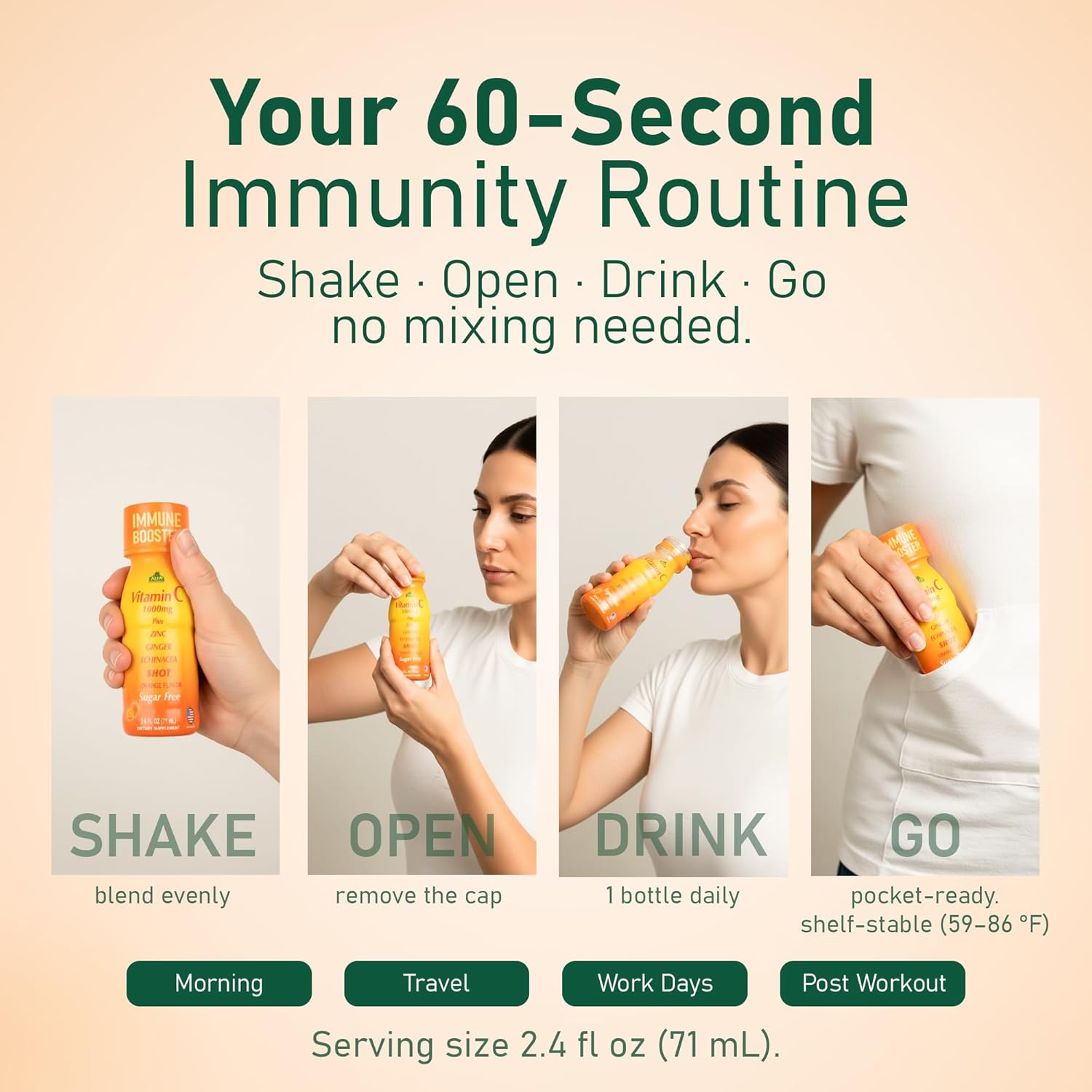 ALFA VITAMINS Vitamin C Shot 1000mg with Zinc, Ginger & Echinacea – Supports Immune Health & Daily Wellness – Orange Flavor – 2.4 FL Oz Bottle – 20 Pack