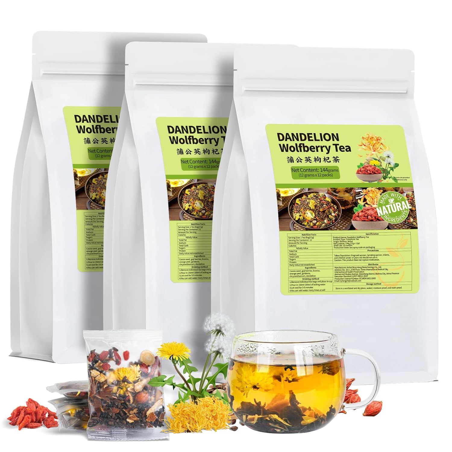 Dandelion Wolfberry Tea, Natural Kidneys & Liver Health Dandelion Root Tea with Dandelion, Wolfberry, Cassia Seed, Chrysanthemum, Licorice, Orange Peel, Gardenia (3 Pack/36 Bags)