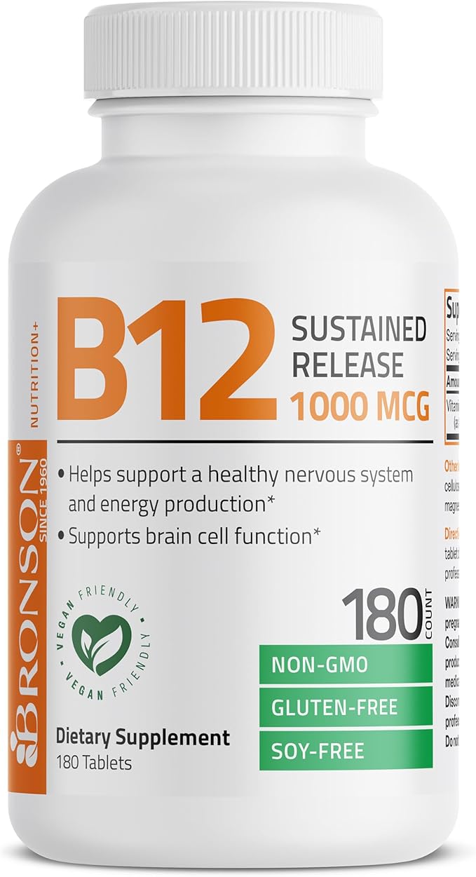 Bronson Vitamin B12 1000 mcg Sustained Release Premium Non GMO Tablets Supports Nervous System, Healthy Brain Function and Energy Production, 180 Tablets