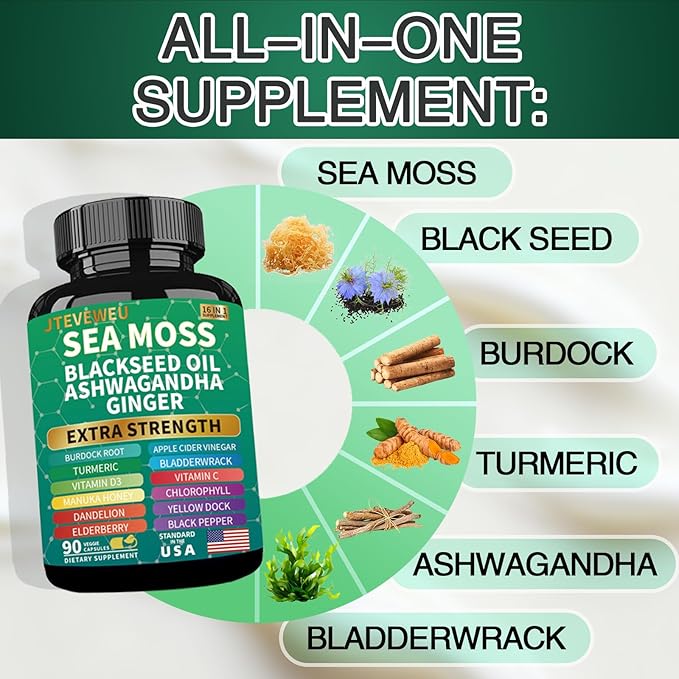 Sea Moss Black Seed Oil Ashwagandha Ginger, Organic Sea Moss Capsules with Burdock Root, Bladderwrack, Advanced Multimineral Supplement（90 Count）