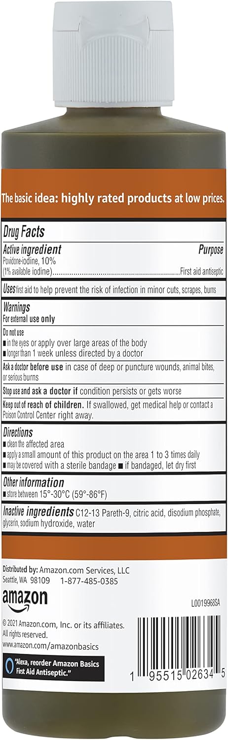 Amazon Basics First Aid Antiseptic, 10% Povidone Iodine Solution First Aid Antiseptic, Unflavored, 8 Fluid Ounces, 1-Pack (Previously Solimo)