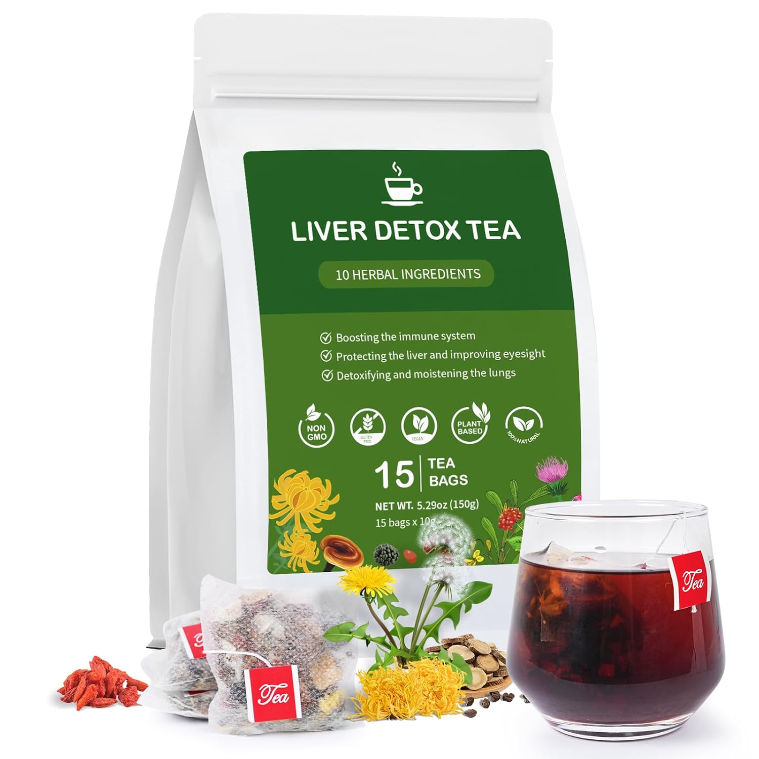 Liver Detox Tea, Chinese Kidney and Liver Cleanse Detox Herbal Tea Support Kidney Healthy Function with 11 Precious Ingredients Formula (15 Bags/1 Pack)