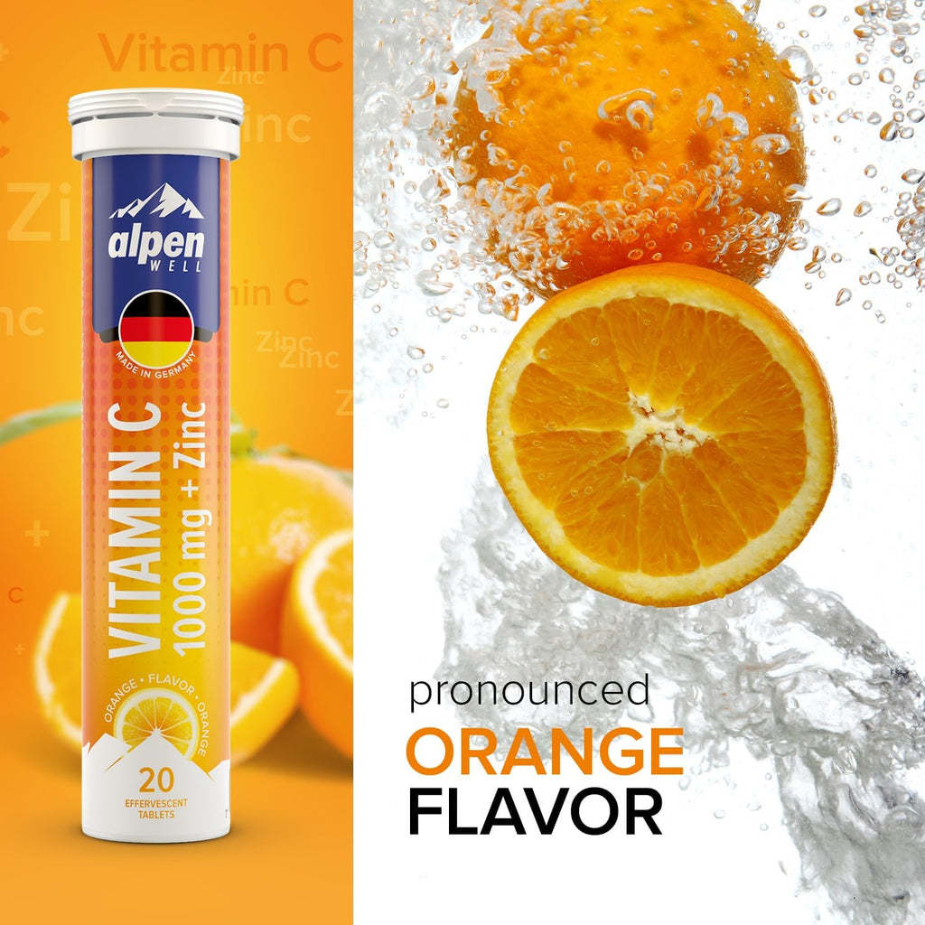 𝐁𝐞𝐬𝐭𝐬𝐞𝐥𝐥𝐞𝐫 - AlpenWell Vitamin C - 1000mg + Zinc - Immune Support - 20 Effervescent Vitamin Drink Tablets, No Sugar + Low Calorie Supplement, Orange Flavor [Sugar Free]