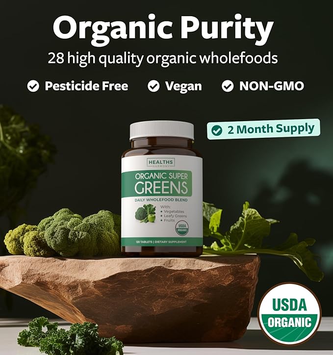 USDA Organic Super Greens Supplement - Organic Greens Fruits and Vegetable Supplement for Adults with 28 Superfood Complex with Superfruits Roots Herbs & More - Vegan & Non-GMO (Up to 2 Month Supply)