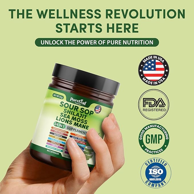 Soursop Shilajit, Sea Moss, and Lions Mane - 24-in-1 Supplement with Ashwagandha, Black Seed Oil, Rhodiola Rosea, Ginger, Collagen, Turmeric - Made in USA - 60 Capsules