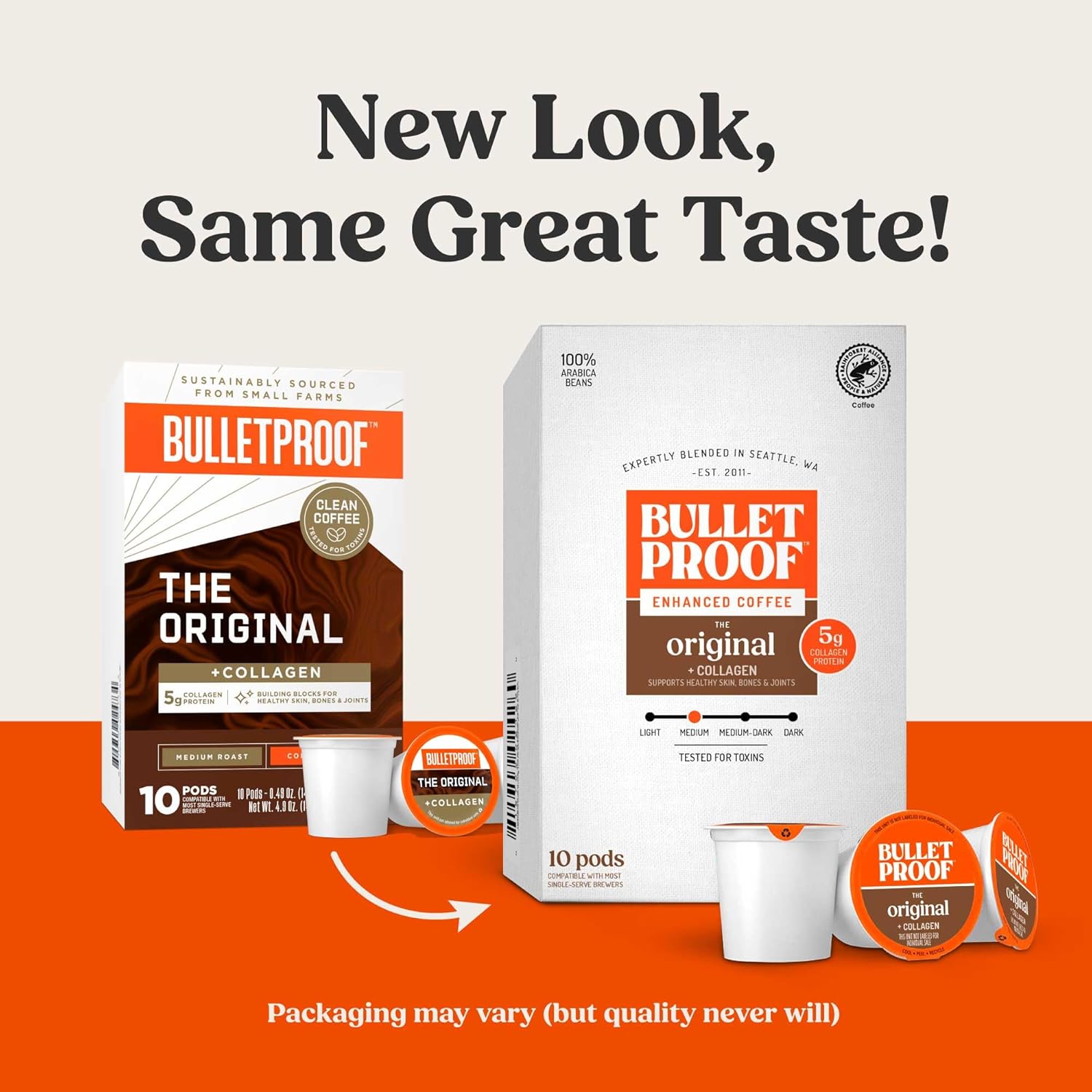 Bulletproof Coffee + Collagen Single-Serve Coffee Pods, 10 Count, 100% Arabica Beans, Clean Coffee Tested for Toxins, Packaging May Vary (Pack of 2)