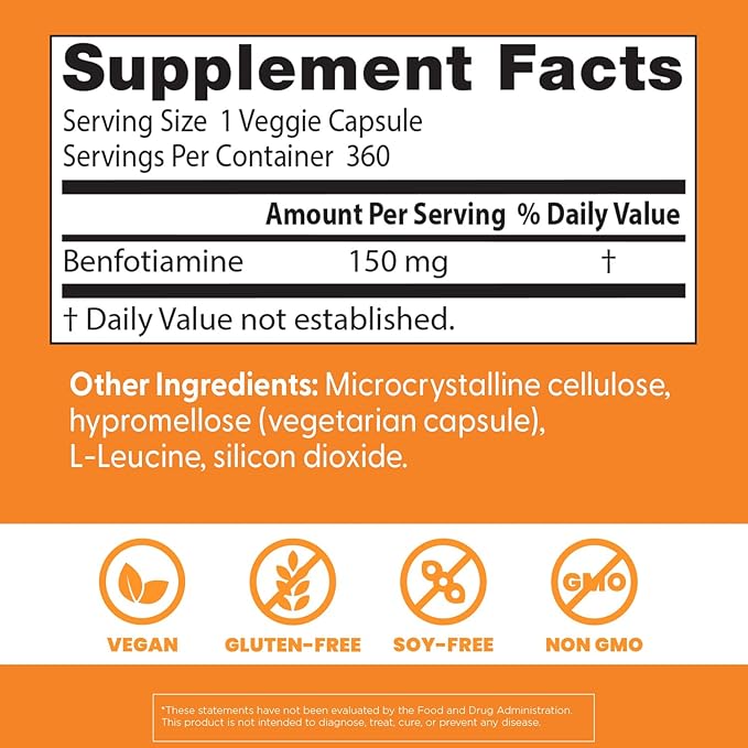Doctor's Best Benfotiamine 150 with BenfoPure, Helps Maintain Glucose Metabolism, Non-GMO, Vegan, Gluten Free, Soy Free, 150 mg, 360 Veggie Caps