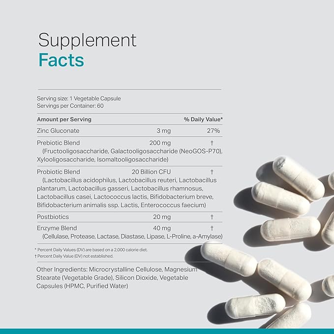 Complete Probiotic Blend: 5-in-1 Digestive Enzymes, Zinc, Postbiotic, Prebiotics and Probiotics for Women & Men, Provitalize for Women Digestive & Gut Health | 10 Strains 20 Billion CFU, 60ct Softgels