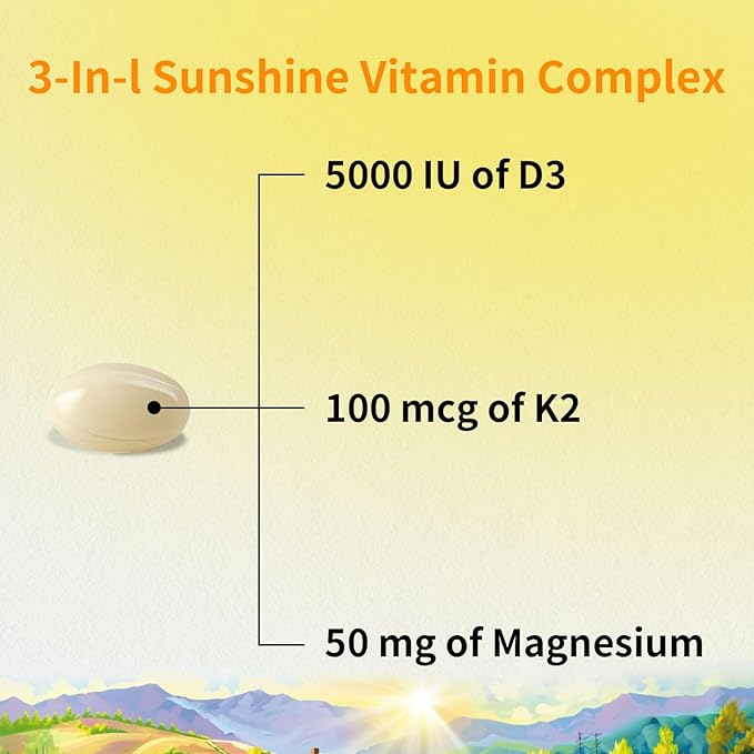 Vitamin D3 K2 5000 IU 60 Softgels with Magnesium Supplement - & 120mcg MK-7 K2 for Bone Health & Immune Support - Non-GMO & Gluten-Free Softgels with MCT Oil