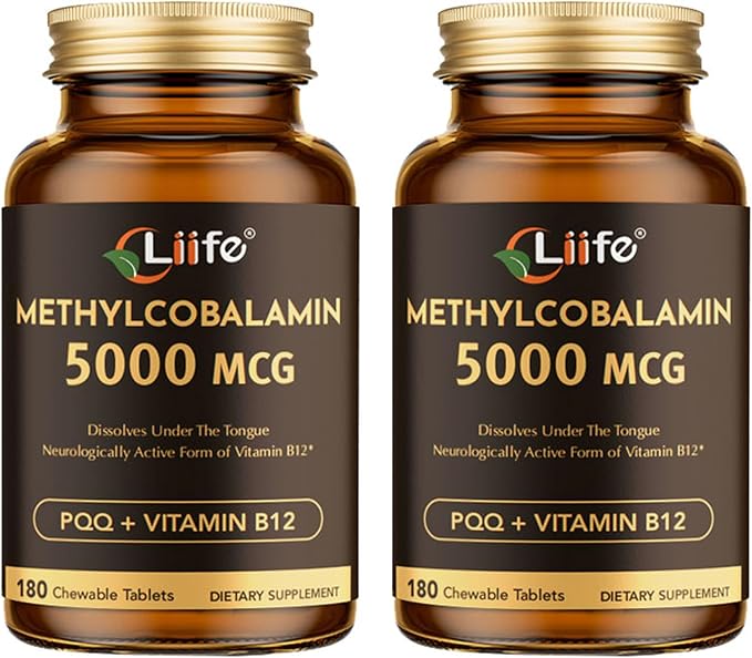 LIIFE Vitamin B12 (Methylcobalamin)+ PQQ 5000 mcg | 180 Chewable Tablets | Supports General Energy, Brain & Nervous System Health | Gluten Free | 1 Capsule per Serving*