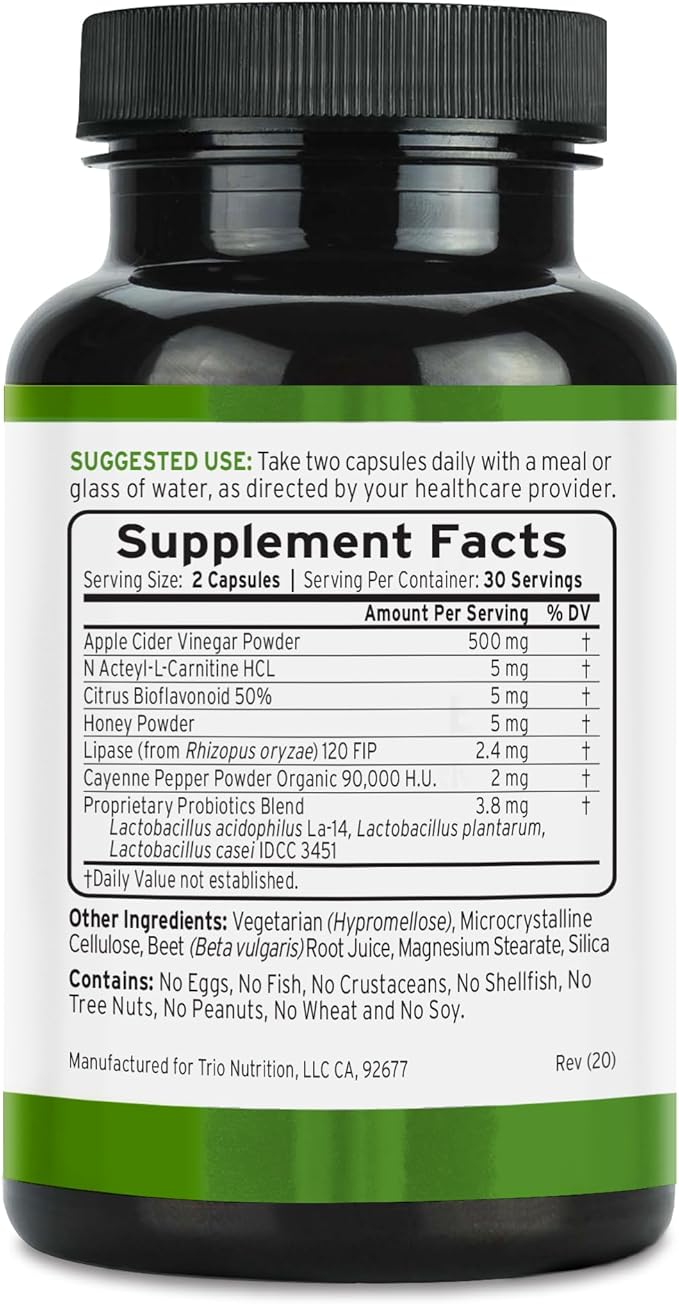 TRIO NUTRITION Apple Cider Vinegar Capsules with Multi-Strain Probiotics - Natural Sugar Free ACV Capsules with The Mother for Gut Health, Immunity, Body Cleanse & Healthy pH - Metabolism Booster*