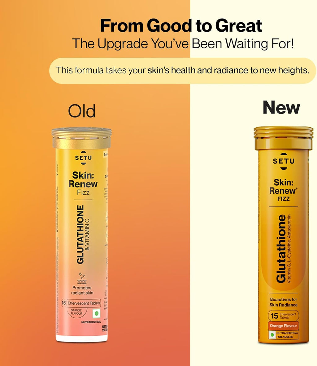 SETU Skin Renew, Glutathione with Vitamin C, Gluta Fizz, Supports Detoxification, Sugar-Free, Orange Flavour, 30 Effervescent Tablets