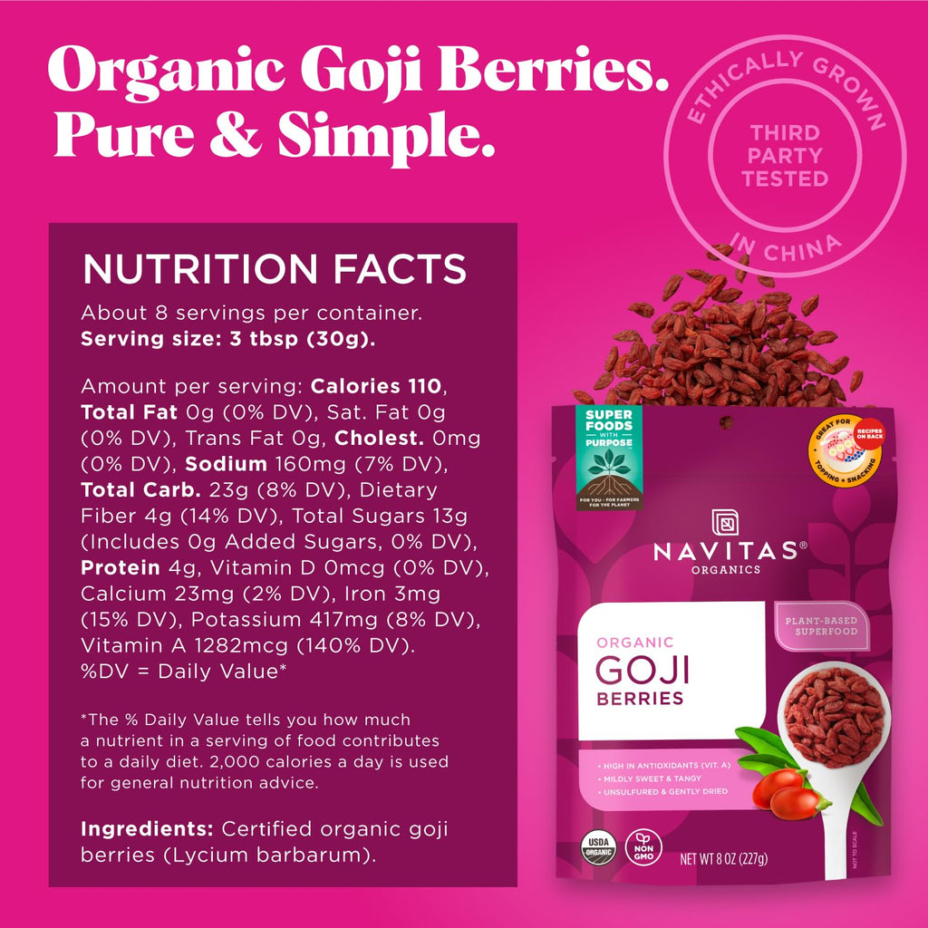 Navitas Organics Goji Berries – For Smoothies, Trail Mix, Baked Goods, Oatmeal & More – Vitamin A, Antioxidants, Fiber – Wolfberry - USDA Organic, Non GMO, Gluten Free, Vegan (8oz. Bag, 8 Servings)