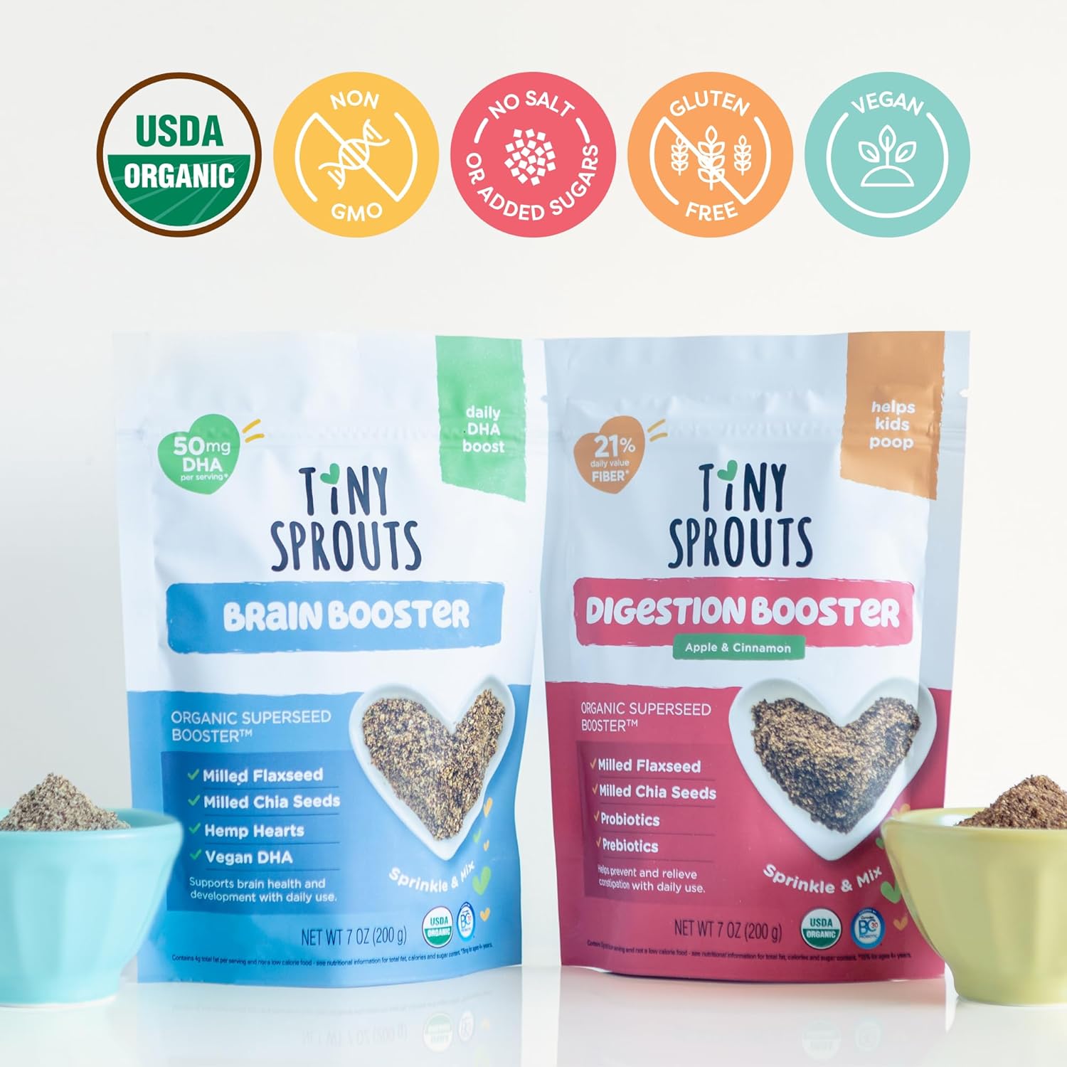 Organic Digestion Booster (Apple & Cinnamon) & Brain Booster - Milled Chia Seed, Milled Flaxseed and Hemp Hearts with Vitamin D, DHA, Probiotics for 6M+ Babies Toddlers & Kids (7oz x 2 Pack)