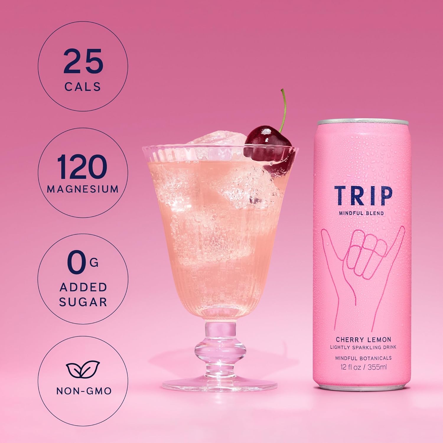 Trip Mindful Blend, Lightly Sparkling Adaptogen Seltzer, Mocktail w/ 120mg Magnesium Citrate with Ashwagandha, Lions Mane & L Theanine, No Added Sugar, Vegan, Cherry Lemon, 12 Oz, 12Pk