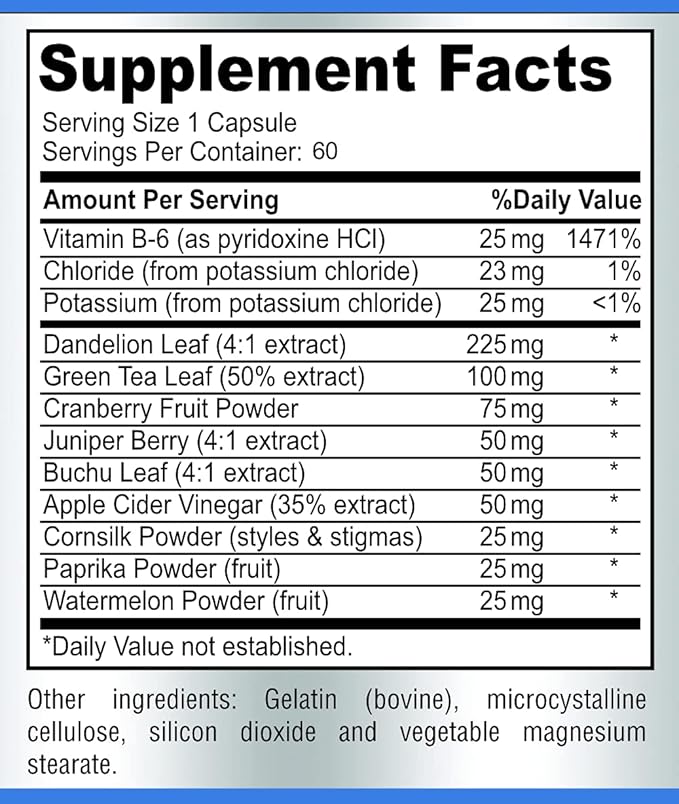 Water Away Gentle Herbal Diuretic - Natural Diuretic Water Pills - Relieve Bloating, Reduce Excess Water Weight with Dandelion Leaf, Green Tea, Detox Cleanse & Urinary Health. Non-GMO, 60 Capsules