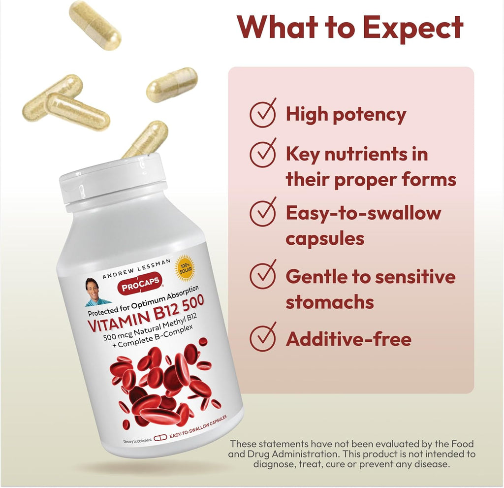 ANDREW LESSMAN Vitamin B12 500 60 Capsules - Absorption-Protected Methylcobalamin (Natural Coenzyme Vitamin B12), Essential for Energy and Stress Support, Plus B-Complex, Easy to Swallow Capsules