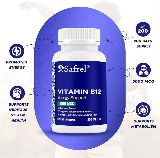 Safrel Vitamin B12 5000 mcg per Tablet, 200 Days Supply, Supplement for Energy, Metabolism and Nervous System Health Support, Vegan, Gluten Free and Dye Free | Made in USA