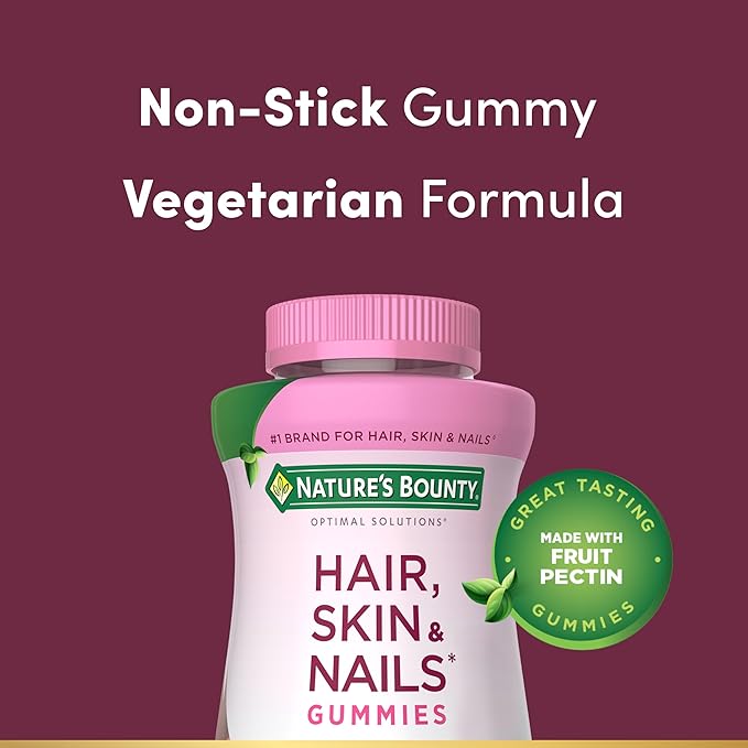 Nature's Bounty Optimal Solutions Hair, Skin and Nails Pectin Gummies, 2500 mcg Biotin Per Serving, No Stick Gummy, Vegetarian Formula, Strawberry Flavor, 200 Count, 100 Total Servings (Pack of 2)