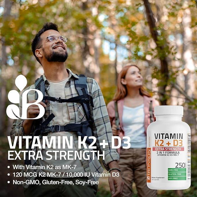 Bronson Vitamin K2 (MK7) with D3 Extra Strength Supplement Bone and Heart Health Non-GMO Formula 10,000 IU Vitamin D3 & 120 mcg Vitamin K2 MK-7 Easy to Swallow Vitamin D & K, 120 Capsules