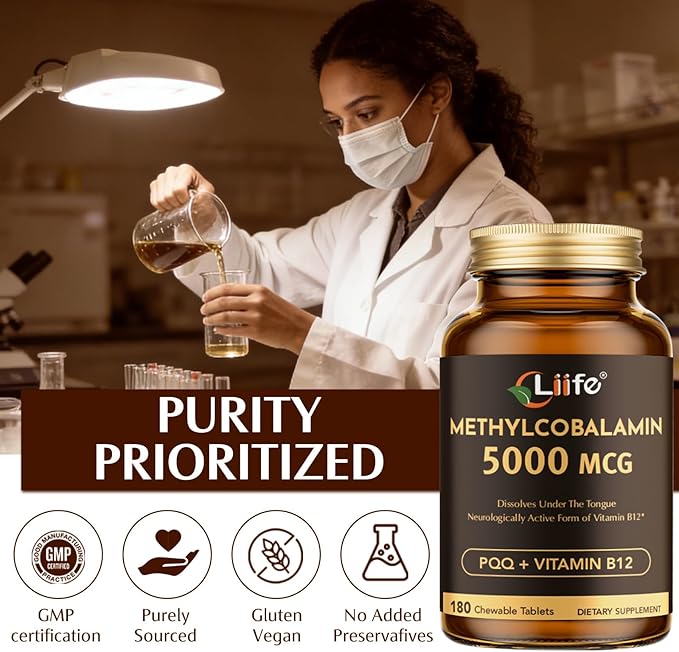 LIIFE Vitamin B12 (Methylcobalamin)+ PQQ 5000 mcg | 180 Chewable Tablets | Supports General Energy, Brain & Nervous System Health | Gluten Free | 1 Capsule per Serving*