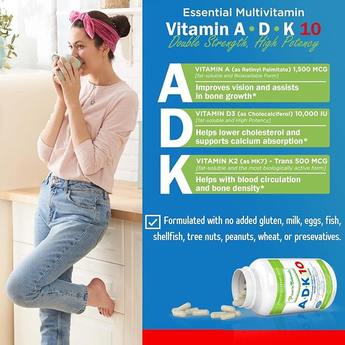 Power By Naturals ADK Vitamin Supplement – ADK 10 High Potency with Vitamins A, D3 10,000 IU & K2 MK7 for Bone Health – Vitamin A D K Supplement – 90 Capsules, 2 Pack (6-Month Supply)