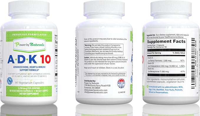 Power By Naturals ADK Vitamin Supplement – ADK 10 High Potency with Vitamins A, D3 10,000 IU & K2 MK7 for Superior Heart, Immune & Bone Health Support – 90 Capsules, 1 Pack (3-Month Supply)