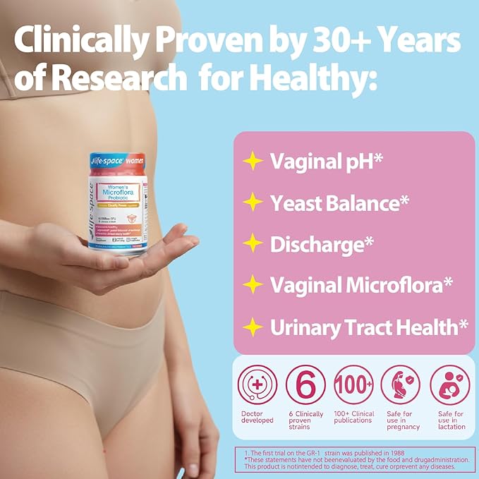 Life-Space Probiotic for Women, Support Healthy Vaginal Microflora & Comfort, Daily Supplement for Women, pH Balance with Lactobacillus rhamnosus, 6.3 Billion CFU & 6 Strains, 30 ct