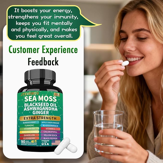 Sea Moss Black Seed Oil Ashwagandha Ginger, Organic Sea Moss Capsules with Burdock Root, Bladderwrack, Advanced Multimineral Supplement（90 Count）