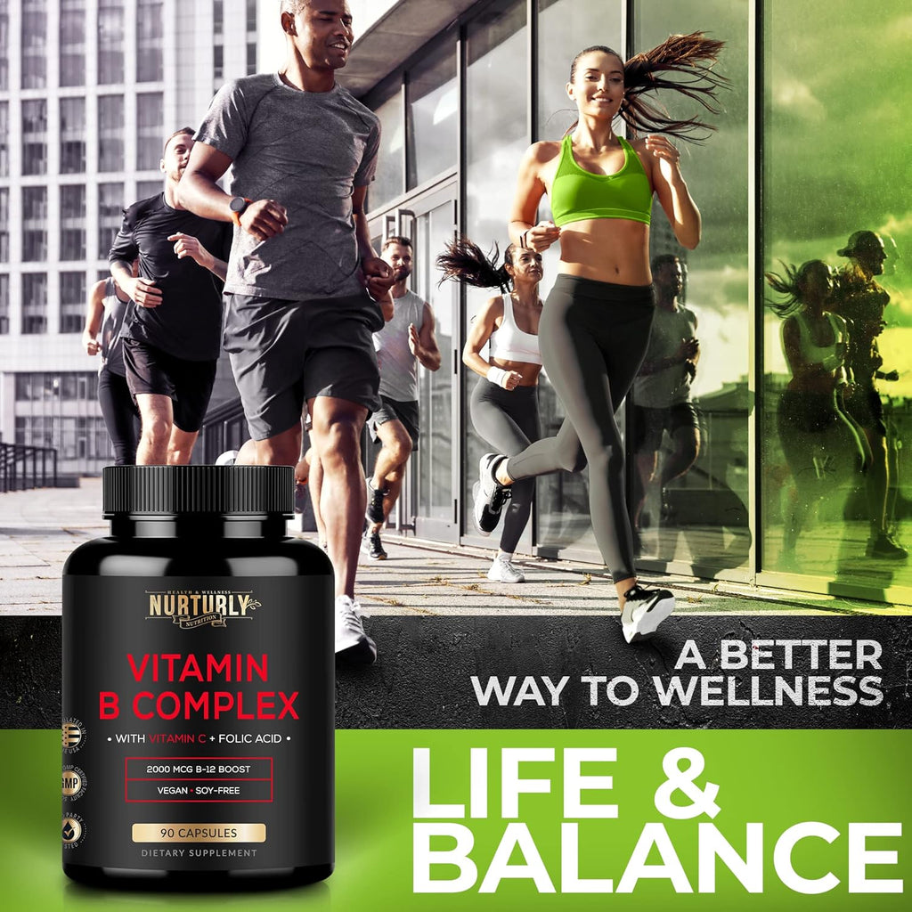 Vitamin B Complex with Vitamin C - Contains All Essential B Vitamins - B1, B2, B3, B5, B6, B7, B9, B12 and Biotin - Super B Complex Vitamins for Energy, Immunity and Mood Support - 90 Capsules