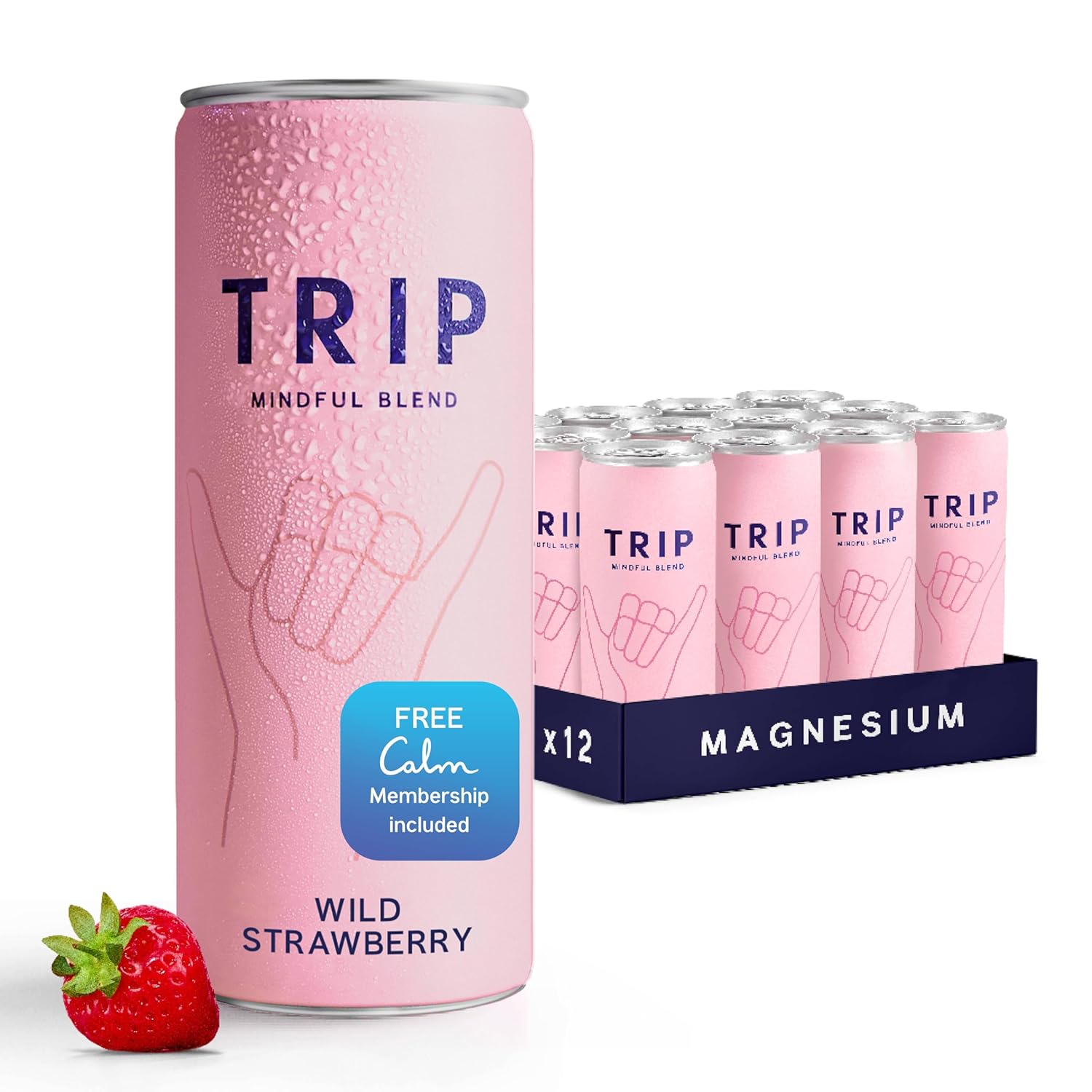 Trip Drink Mindful Blend, Lightly Sparkling Calming Drink, Adaptogen Drink 120 MG Magnesium Citrate with Ashwagandha, Lions Mane & L Theanine, No Added Sugar, Low Calorie, Vegan, Wild Strawberry, 12 Oz, 12Pk