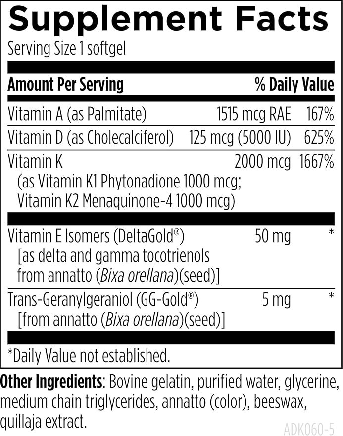 Designs for Health ADK Evail - 5000 IU VIT D3 with Vitamins A, E (Annatto Gamma Delta Tocotrienols), K (K1 + K2) - Fat Soluble Vitamin D Complex - Bone + Immune Support - Non-GMO (60 Softgels)