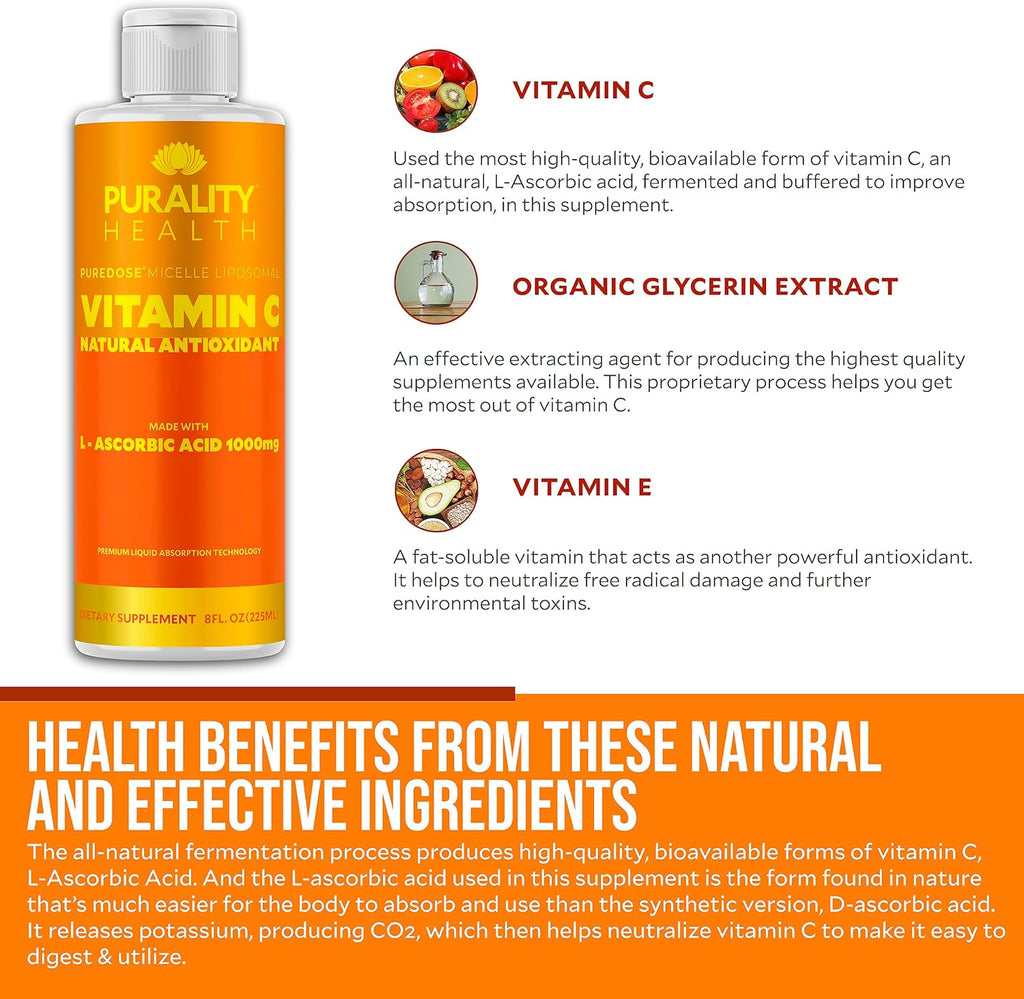 Vitamin C Liquid Supplement 1000mg per Serving, Micelle Liposomal Enhanced Absorption, Non-GMO, Gluten Free, Vegan, 15 Day Supply