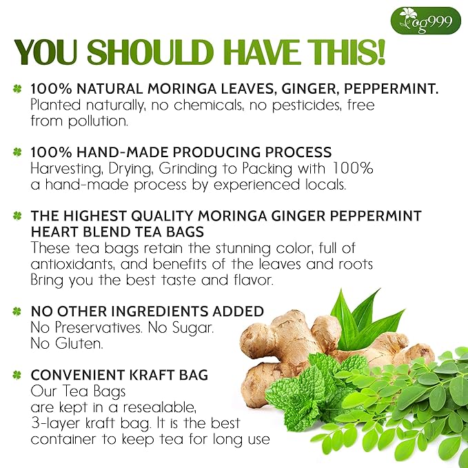 TOG999, Premium Moringa Ginger Peppermint Herbal Tea – 120 Tea Bags – Caffeine-Free, Plant-Based, Non-GMO, Naturally Refreshing Flavor, No Artificial Additives, No Sugar, No Gluten. Vegan