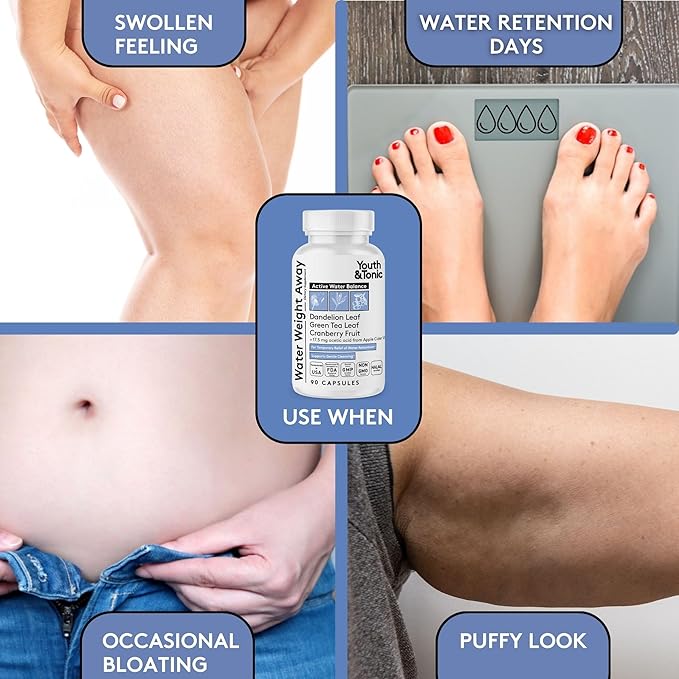 Youth & Tonic Water Weight Away – Herbal Diuretics for Water Retention & Bloating Support – with Potassium & Vitamin B6 for Fluid Balance – 90 Pills for Belly Bloat, Leg & Feet Swelling Support