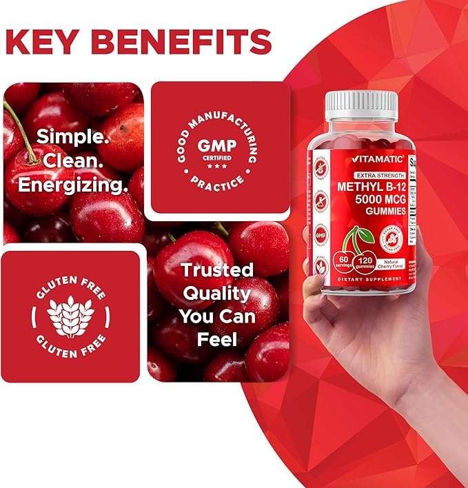 Vitamatic Extra Strength Vitamin B12 5000 mcg (Methyl B12) Gummies - 120 Count - Energy Metabolism Support and Nervous System Health Support, Natural Cherry Flavored (3)