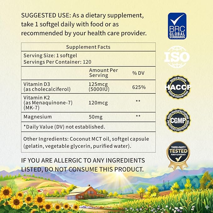 Vitamin D3 K2 5000 IU 120 Softgels with Magnesium Supplement - & 120mcg MK-7 K2 for Bone Health & Immune Support - Non-GMO & Gluten-Free Softgels with MCT Oil
