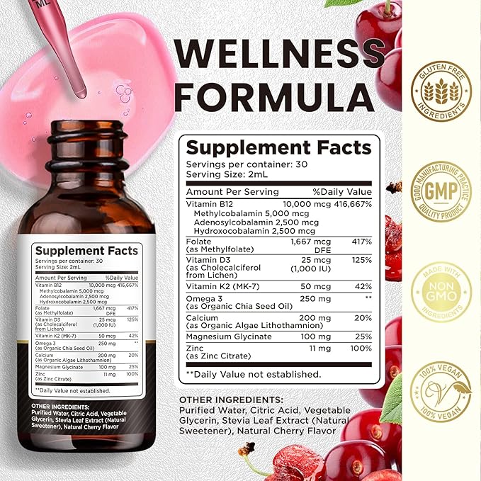 Vitamin B12 Complex 10000 mcg | Triple Liquid B-12 Drops Sublingual Supplement | Methylcobalamin & Adenosylcobalamin & Hydroxo Blend for Long-Lasting Energy and Healthy Metabolism Cherry Flavor, New