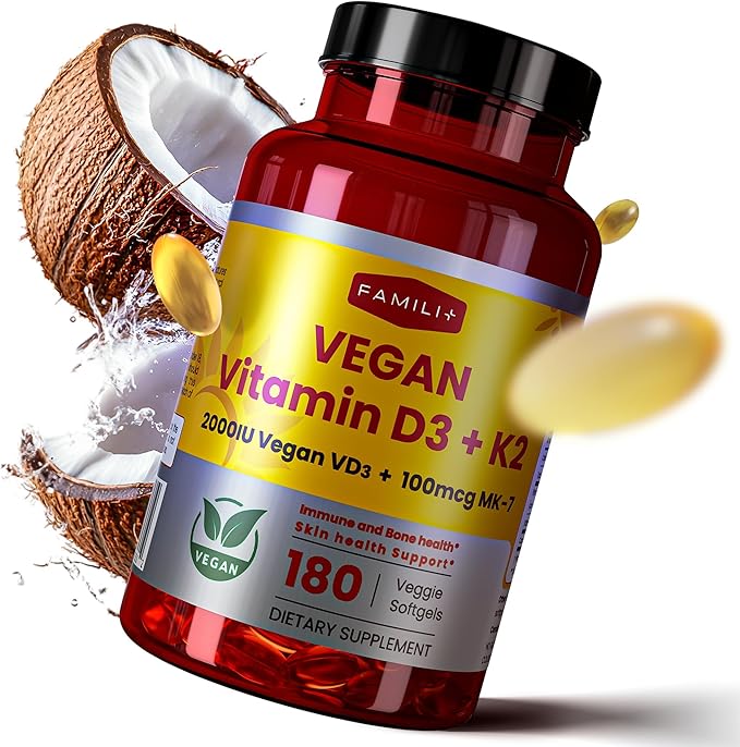 FAMILI+ 180 Days Vegan Vitamin D3+K2 Softgel with Coconut MCT Oil | 2000IU Plant Source Vitamin D3 + 100 mcg Vitamin K2 MK-7 | for Bone, Muscel, Immune, Teeth & Heart Health | 100% Vegan no-Gelatin