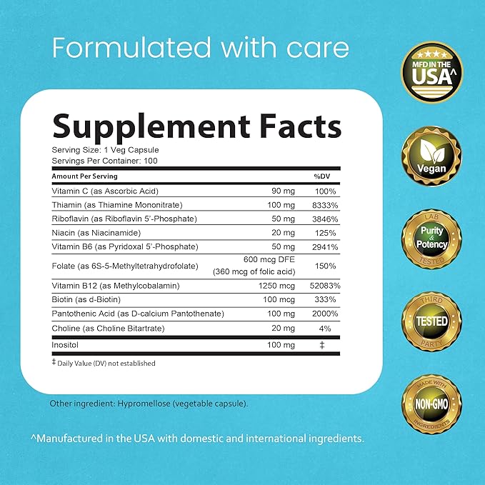 Vitamin B-Complex with Vitamin C – Includes Active B2 (Riboflavin-5-Phosphate), B6 (Pyridoxal-5-Phosphate), B9 (5-MTHF) and B12 (Methylcobalamin); plus B1, B3, B5 and B7 – 100 Capsules (2 Pack)