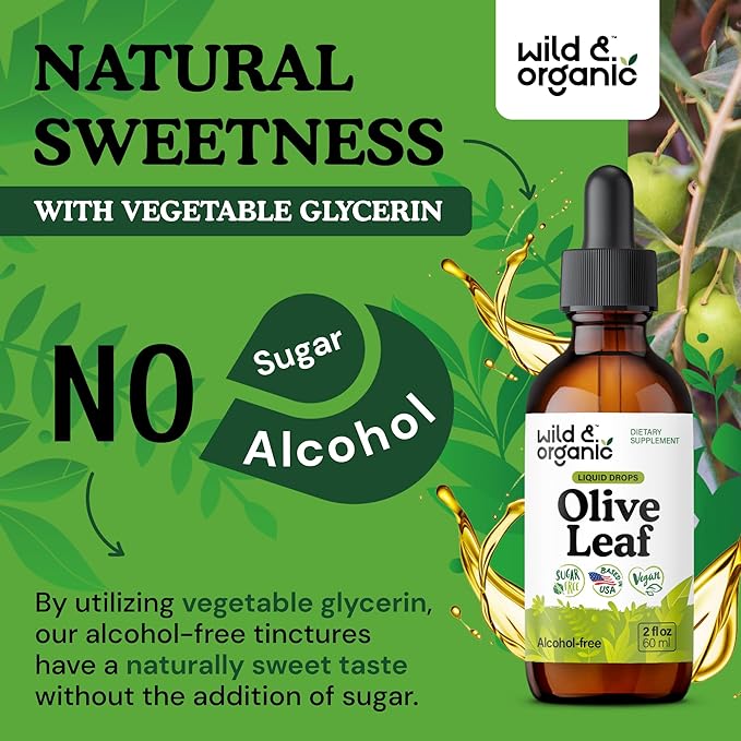 Wild & Organic Olive Leaf Extract Liquid Drops - Antioxidant & Immune Support - Oleuropein Olive Leaf Supplement - Vegan, Sugar & Alcohol-Free Drops - 2 fl oz
