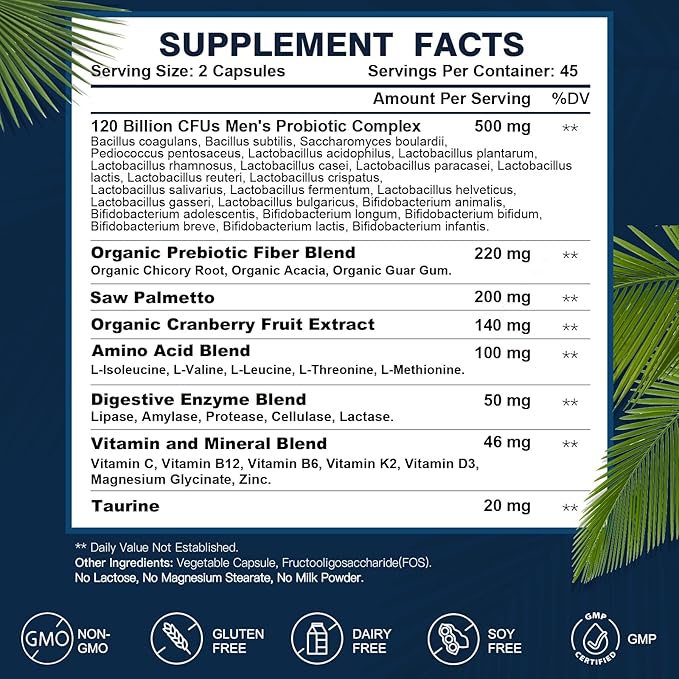 Probiotics for Men Digestive Health, 120 Billion CFUs Mens Probiotic with Digestive Enzymes & Prebiotics & Saw Palmetto & Cranberry for Gut, Prostate & Urinary Tract Health, Shelf Stable, 90 Capsules