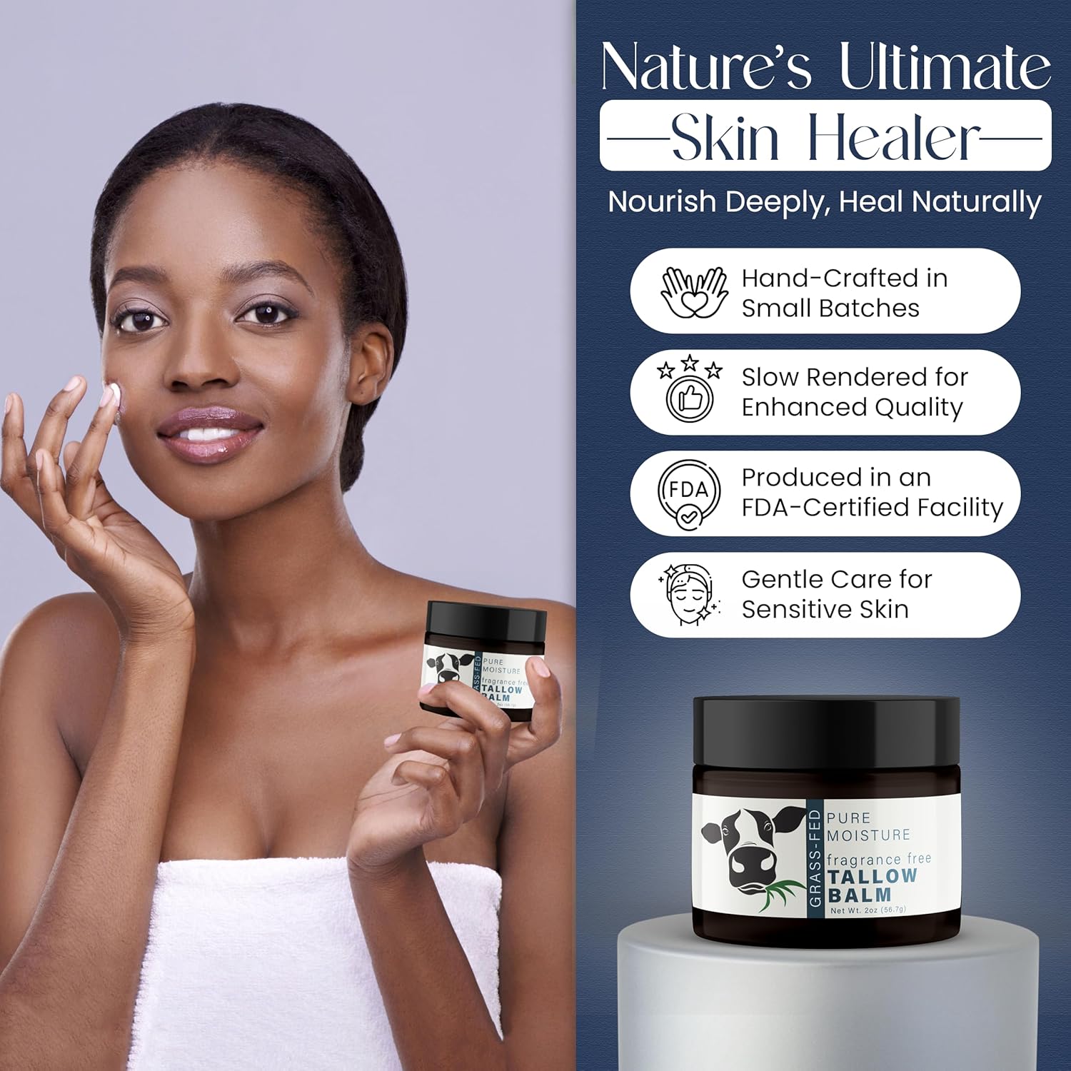 Beef Tallow for Skin - Handmade Organic Grass Fed Beef Tallow Face Moisturizer - Lavender Scented Beef Tallow Balm with Deep Hydration, Soothing Relief, Skin Repair is Great Gift Idea for Women