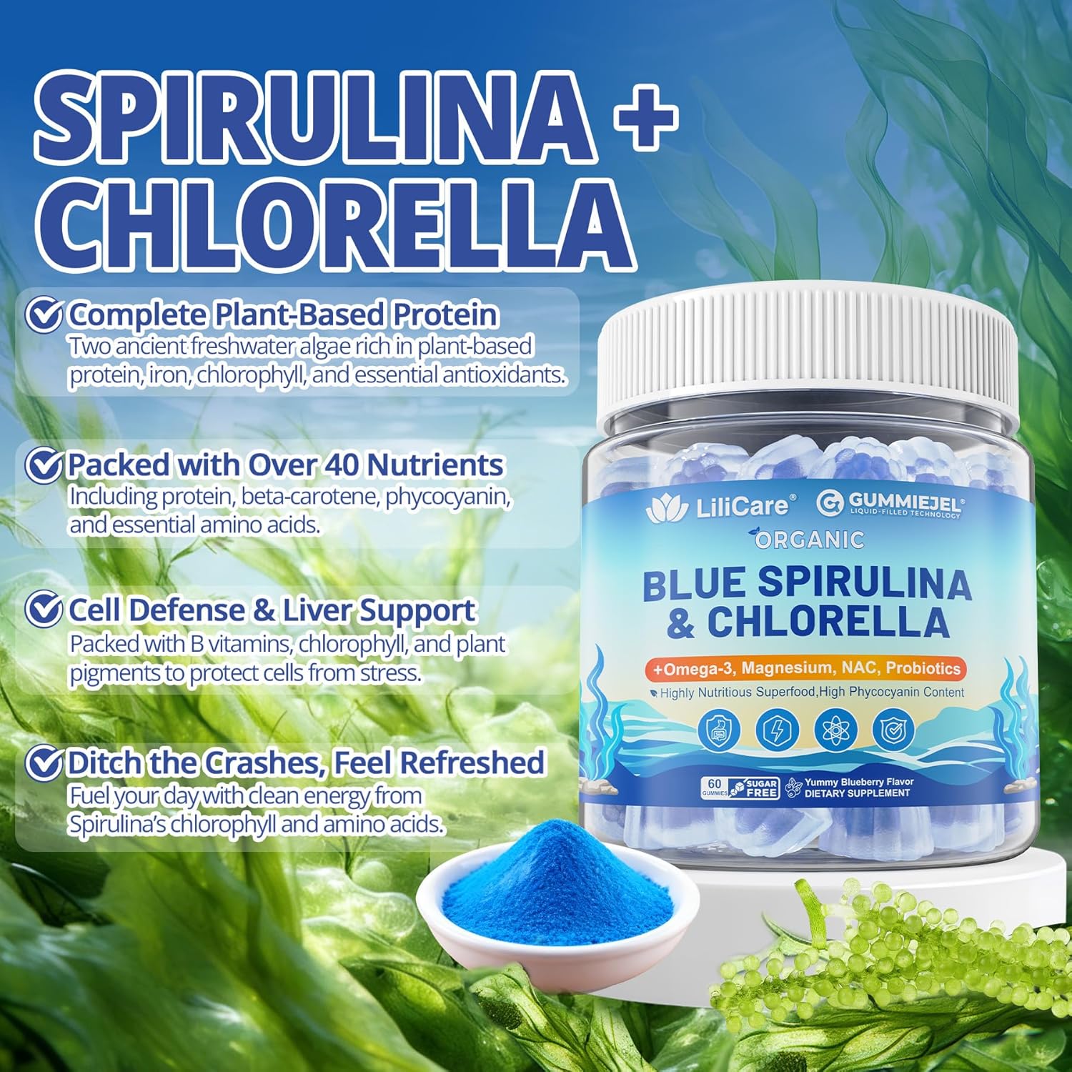 Organic Blue Spirulina Chlorella Gummies, Superfoods & Excellent Source of Vegan High Phycocyanin, Chlorophyll, B-Complex, Essential Minerals for Energy, Antioxidants, Det♡x, Sugar Free, 60 Cts
